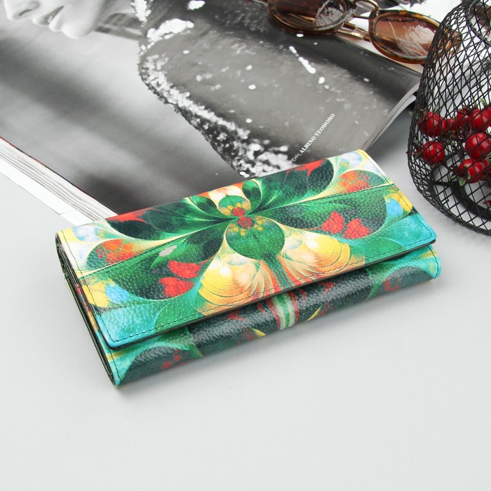 Кошелёк женский, 6 отделов, для карт, для монет, на клапане, наружный карман, цвет зелёный