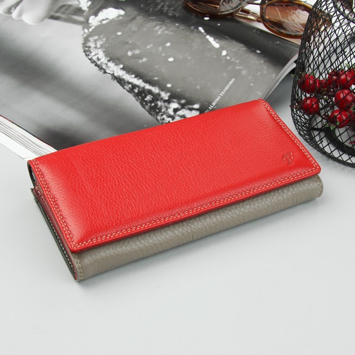 Кошелёк женский, 3 отдела, для карт, для монет, цвет красный/серый