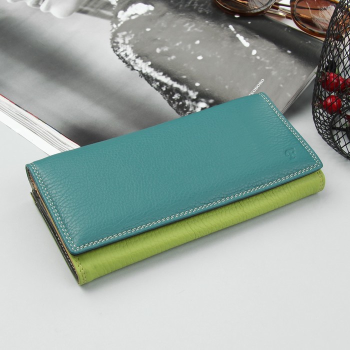 Кошелёк женский, 3 отдела, для карт, для монет, цвет бирюзовый/зелёный