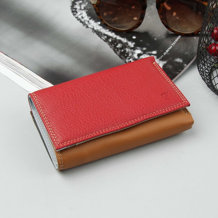 Кошелёк женский, 3 отдела, для карт, для монет, бордо/рыжий