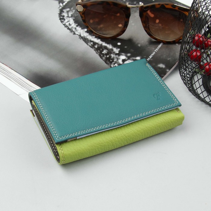 Кошелёк женский, 3 отдела, для карт, для монет, цвет бирюзовый/зелёный