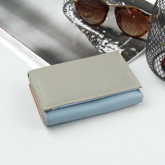 Кошелёк женский, 3 отдела, для карт, для монет, цвет серый/голубой