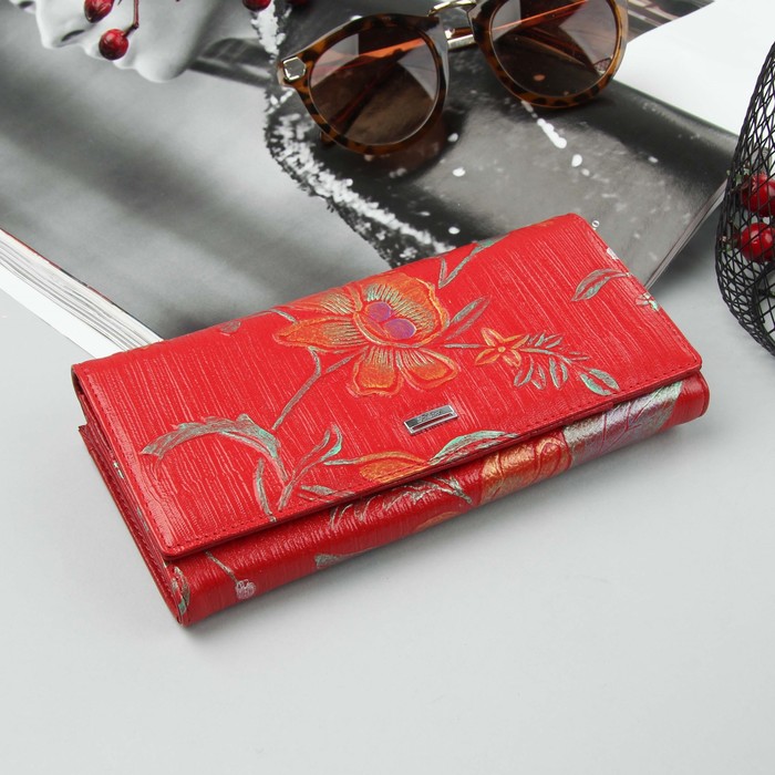 Кошелёк женский, 2 отдела рамка, 3 отдела, для карт, наружный карман, цвет красный