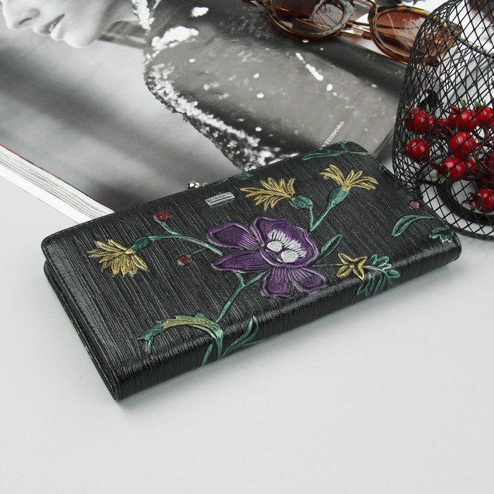 Кошелёк женский, 2 отдела, для карт, для монет, цвет чёрный