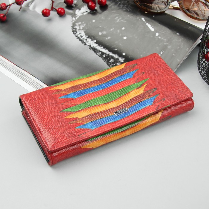 Кошелёк женский, 2 отдела рамка, 3 отдела, для карт, для монет, цвет красный