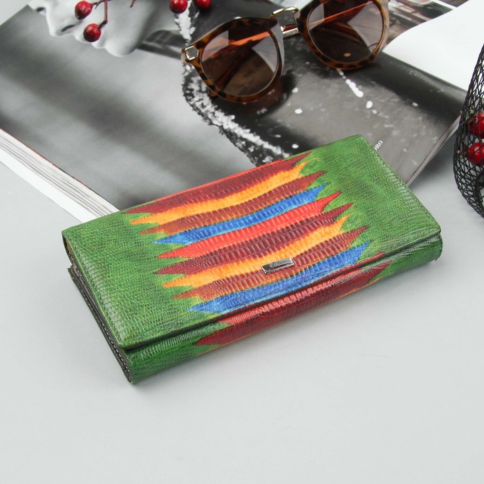 Кошелёк женский, 2 отдела рамка, 3 отдела, для карт, для монет, цвет зелёный