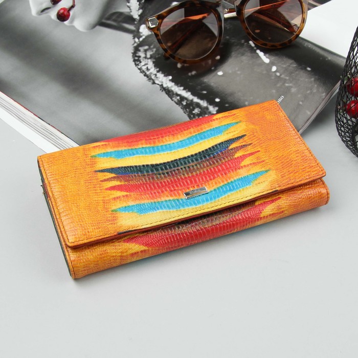 Кошелёк женский, 2 отдела рамка, 3 отдела, для карт, для монет, цвет оранжевый