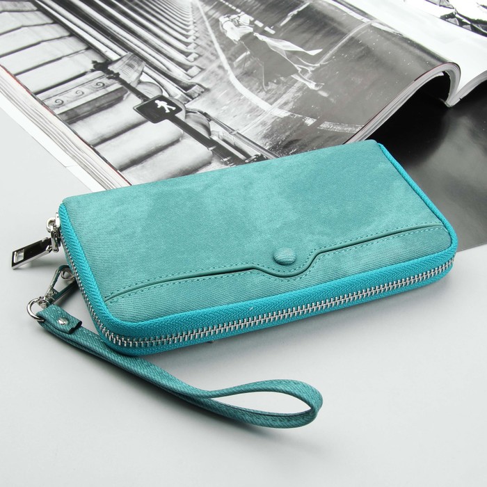 Кошелёк женский, 3 отдела, для карт, для монет, 2 наружных кармана, с ручкой, цвет бирюзовый