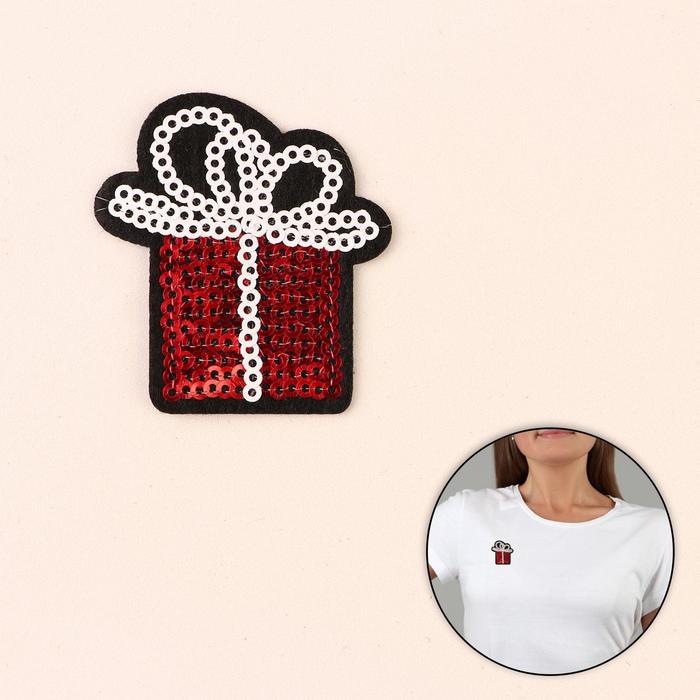 Термоаппликация "Подарок", с пайетками, 4,8*4,5см, цвет красный