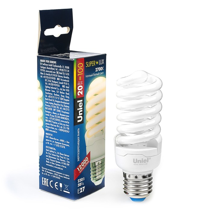 Лампа энергосберегающая Uniel, Е27, 20 Вт, 2700 К, тёплый белый