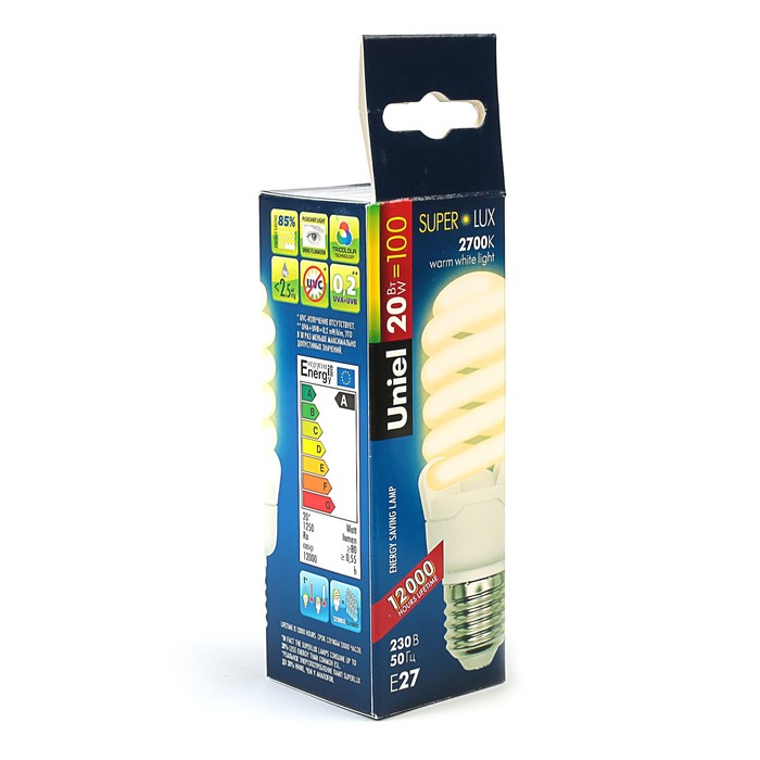 Лампа энергосберегающая Uniel, Е27, 20 Вт, 2700 К, тёплый белый