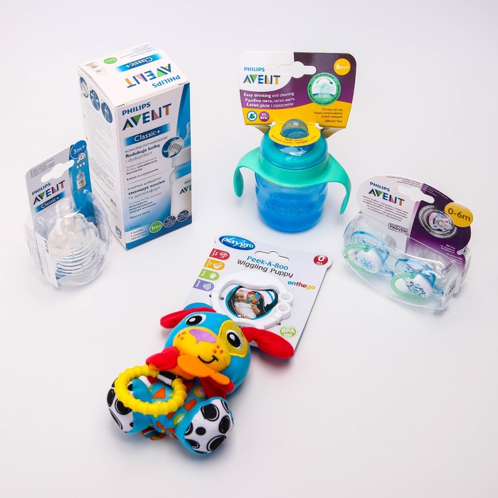 Набор: «Счастливый малыш» для мальчиков, 7 предметов: бутылочка, соски, пустышки, поильник, игрушка