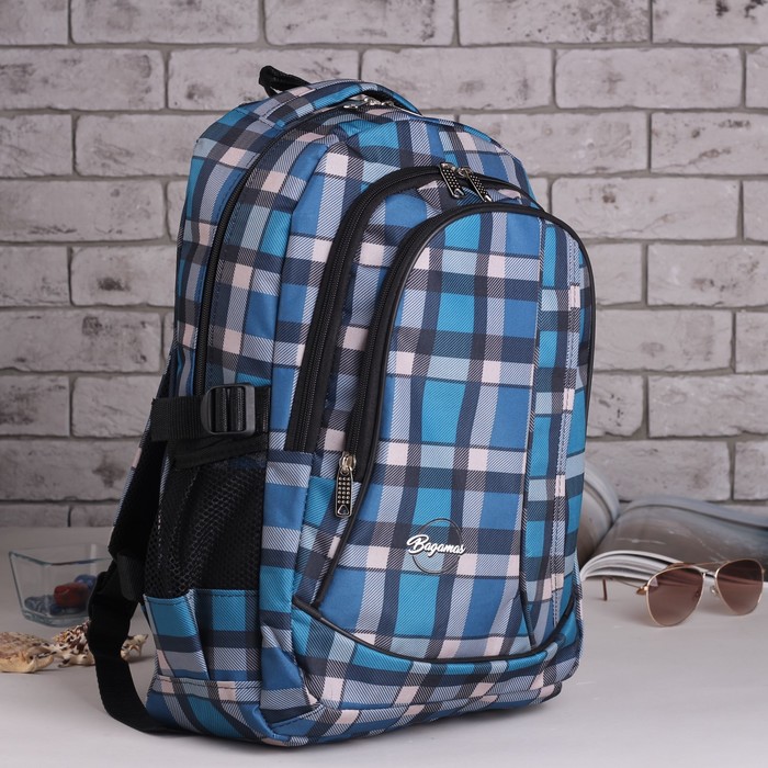 Рюкзак молодёжный "Клетка", 3 отдела на молнии, 2 наружных кармана, цвет морской