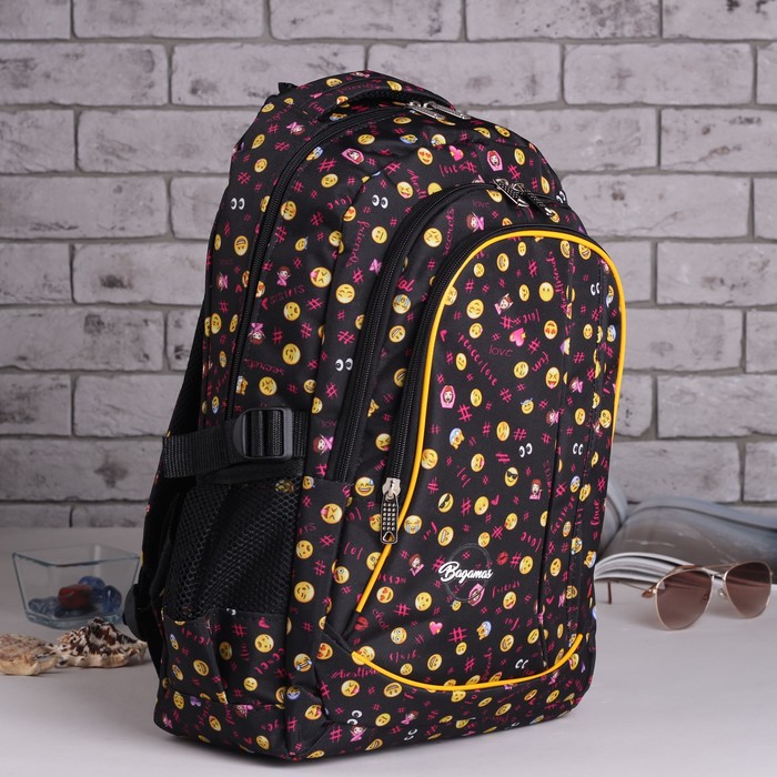 Рюкзак молодёжный "Смайлики", 3 отдела на молнии, 2 наружных кармана, цвет чёрный