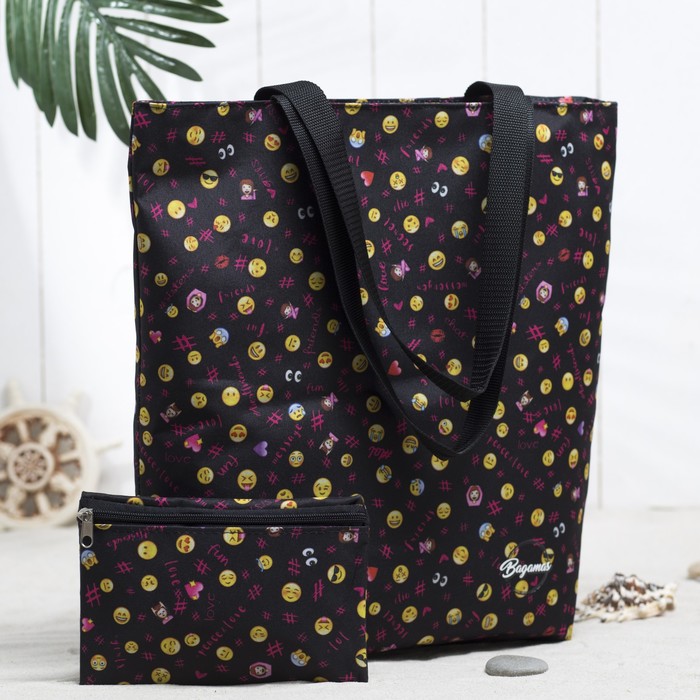 Сумка летняя, с косметичкой, отдел на молнии, принт чёрный/смайлики