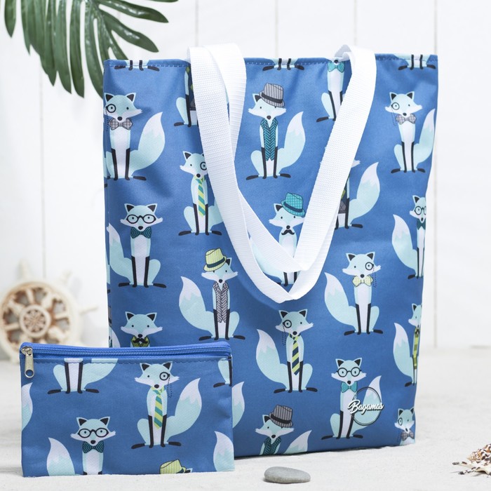 Сумка летняя с косметичкой "Лиса", отдел на молнии, цвет синий