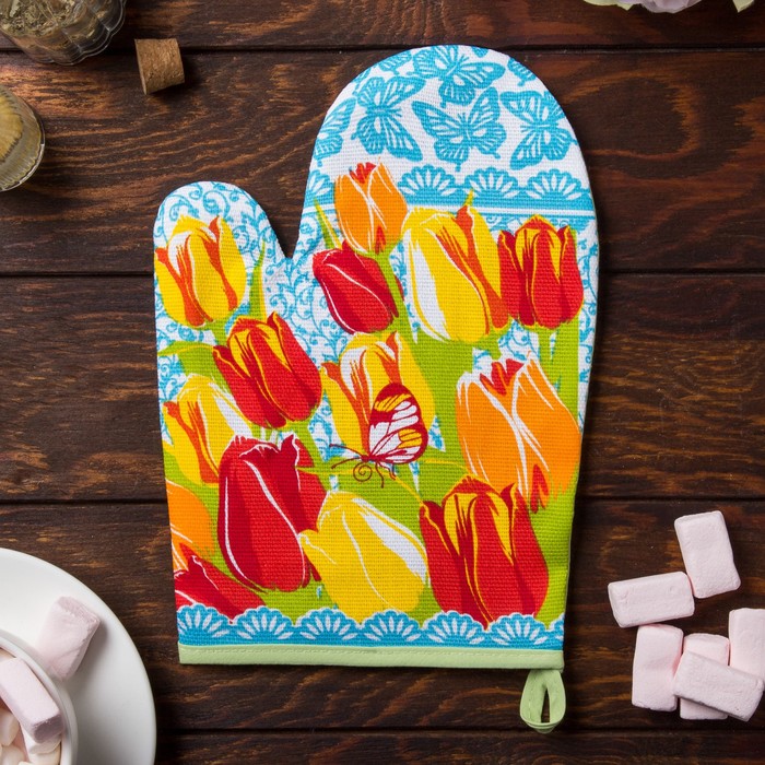 Варежка "Доляна" Тюльпаны/вид 2, 18х26 см, 100% хлопок, рогожка 162 г/м2