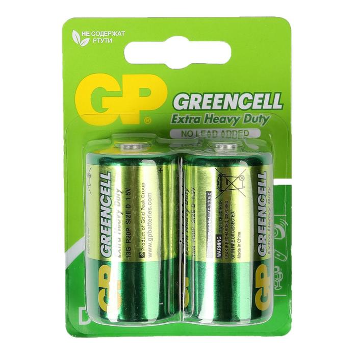 цена Батарейка солевая GP Greencell Extra Heavy Duty, D, R20-2BL, 1.5В, блистер, 2 шт.