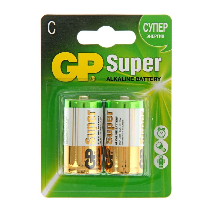 Батарейка алкалиновая GP Super, C, LR14-2BL, 1.5В, блистер, 2 шт. батарейка perfeo lr14 2bl super alkaline 20шт