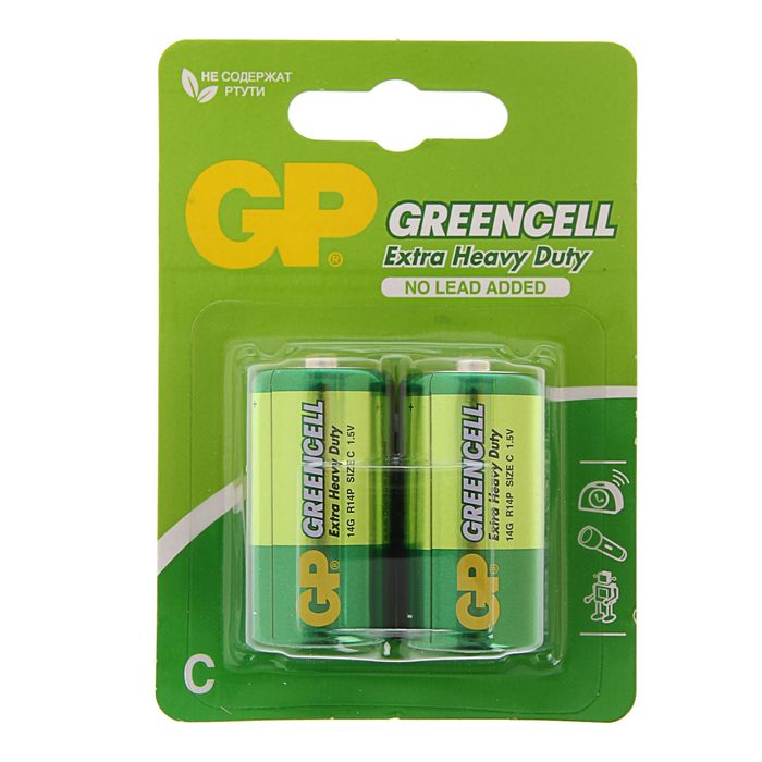 Батарейка солевая GP Greencell Extra Heavy Duty, С, R14-2BL, 1.5В, блистер, 2 шт.