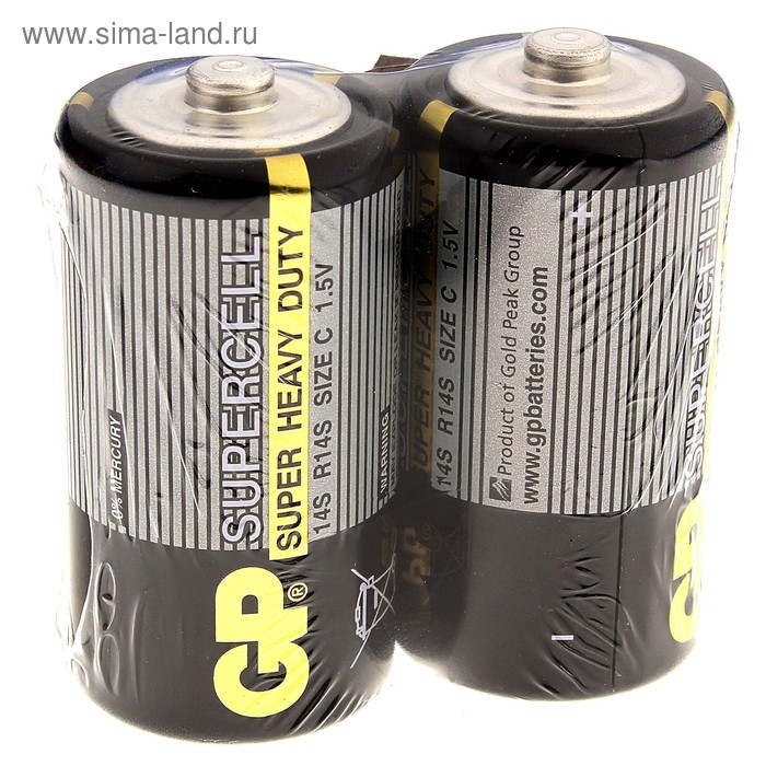 цена Батарейка солевая GP Supercell Super Heavy Duty, C, 14S / R14, 1.5В, спайка, 2 шт.