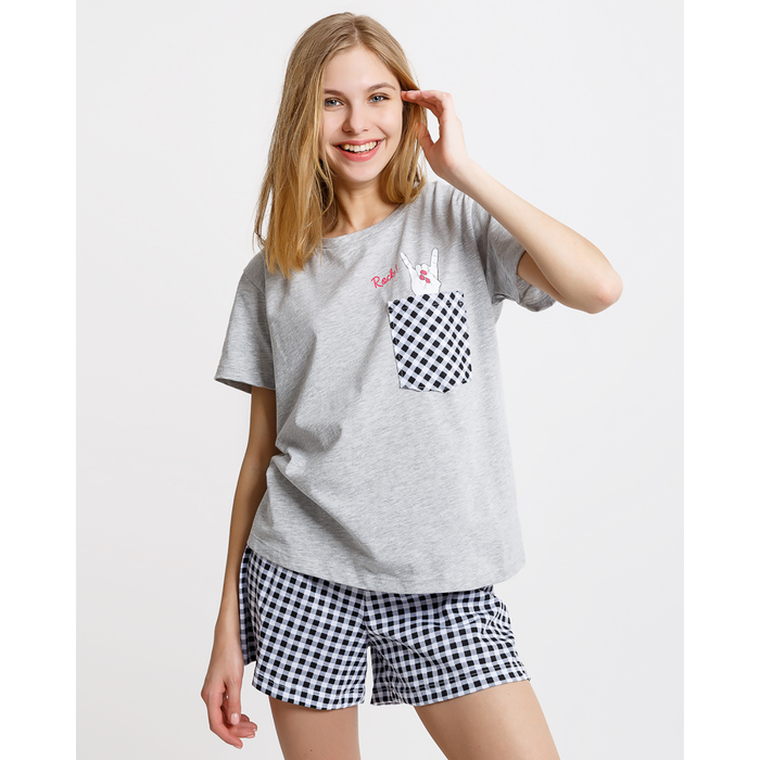 Комплект женский (джемпер, шорты) 2919-16 (592303) цвет серый меланж/клетка, р-р 52 (XXL)