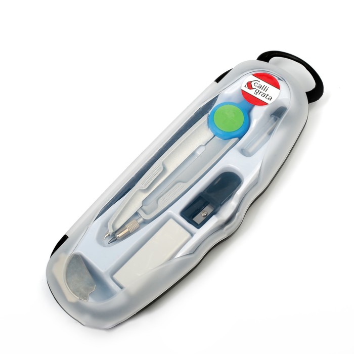 Готовальня, 5 предметов (циркуль, грифель, отвёртка, ластик, точилка) в пластиковом пенале