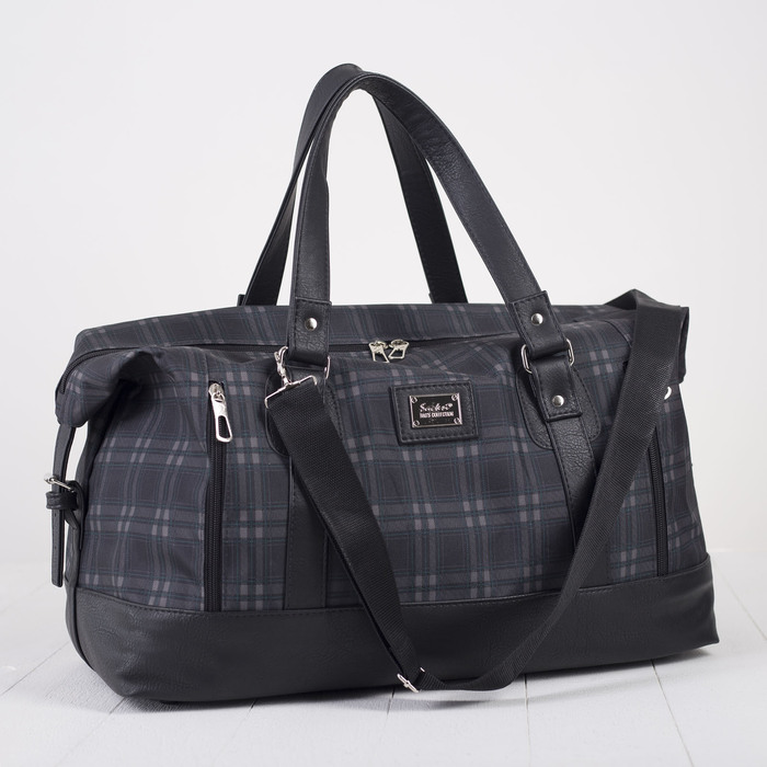 Сумка дорожная "Клетка", отдел на молнии, 2 наружных кармана, цвет серый/зелёный