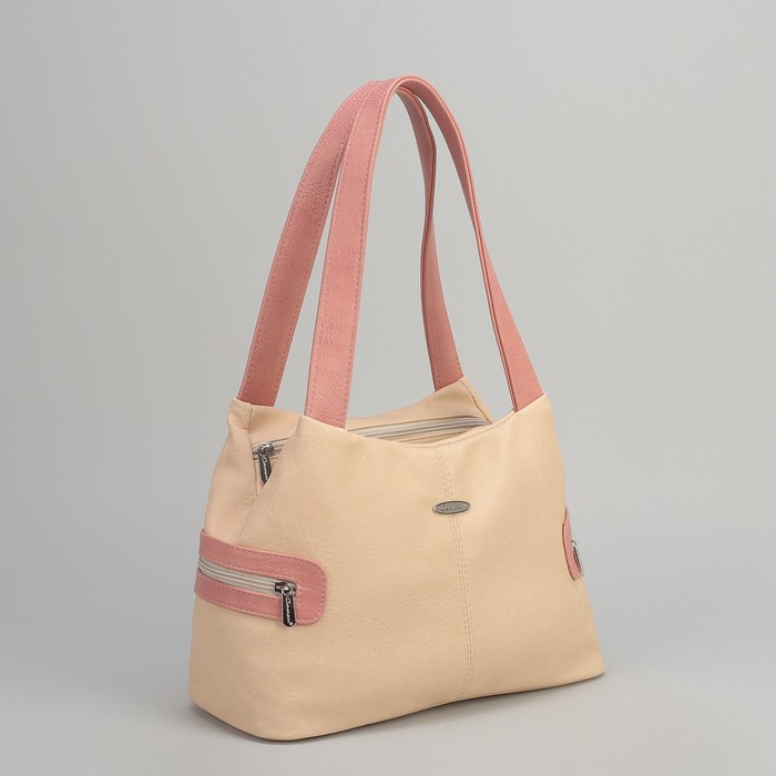 Сумка женская, 2 отдела на молнии, 2 наружных кармана, цвет светло-бежевый/тёмно-розовый
