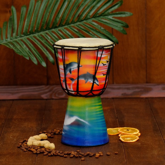 Музыкальный инструмент Барабан Джембе "Купание дельфинов на закате" 25х13х13 см