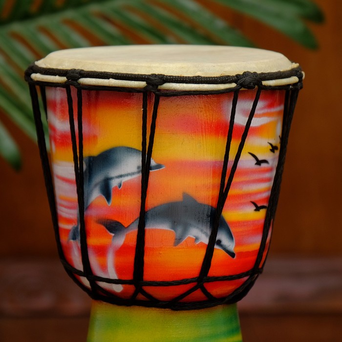Музыкальный инструмент Барабан Джембе "Купание дельфинов на закате" 25х13х13 см