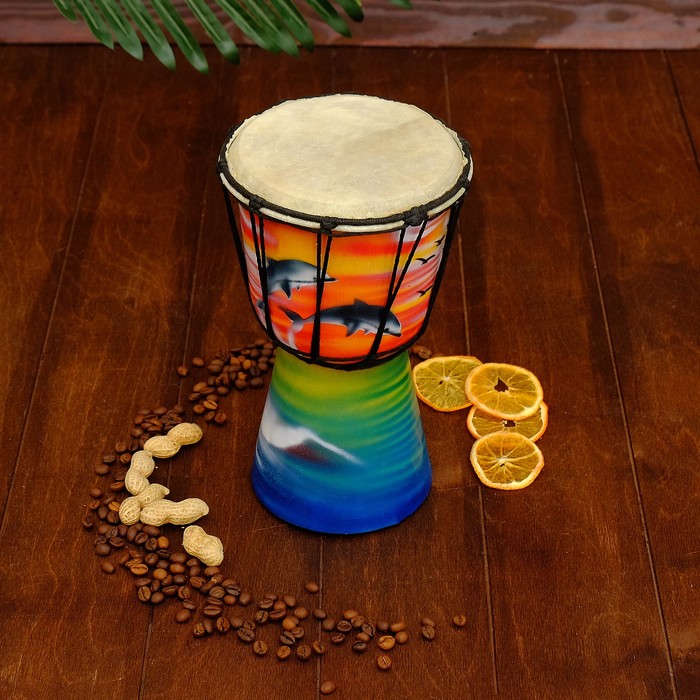Музыкальный инструмент Барабан Джембе "Купание дельфинов на закате" 25х13х13 см