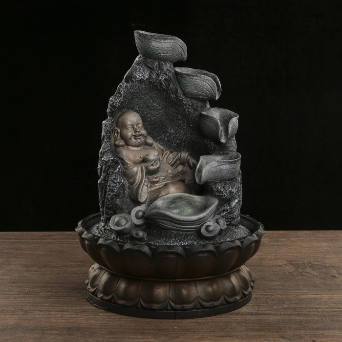 Фонтан настольный полистоун 220В "Хотей у скалы со слитками золота" 30х20,5х20,5 см