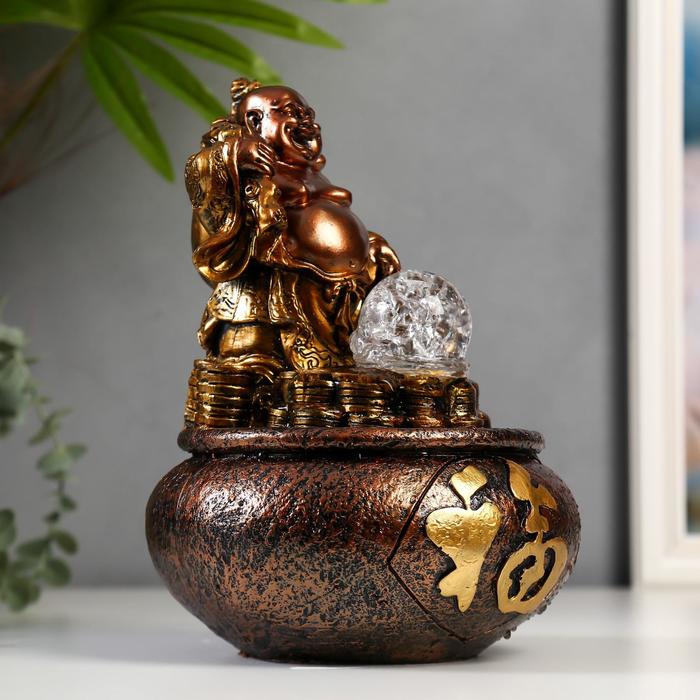 Фонтан настольный полистоун 220В "Хотей на горе из золотых монет" бронза 28х17х17 см