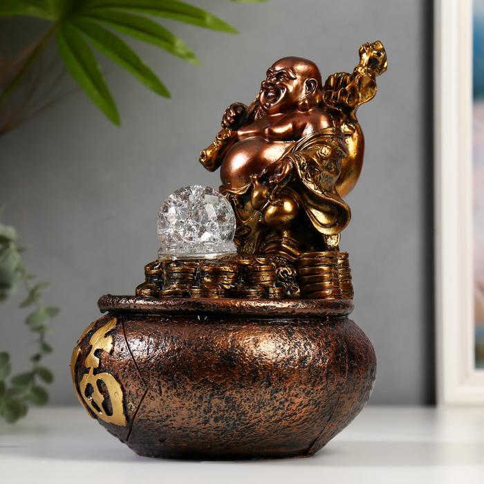 Фонтан настольный полистоун 220В "Хотей на горе из золотых монет" бронза 28х17х17 см