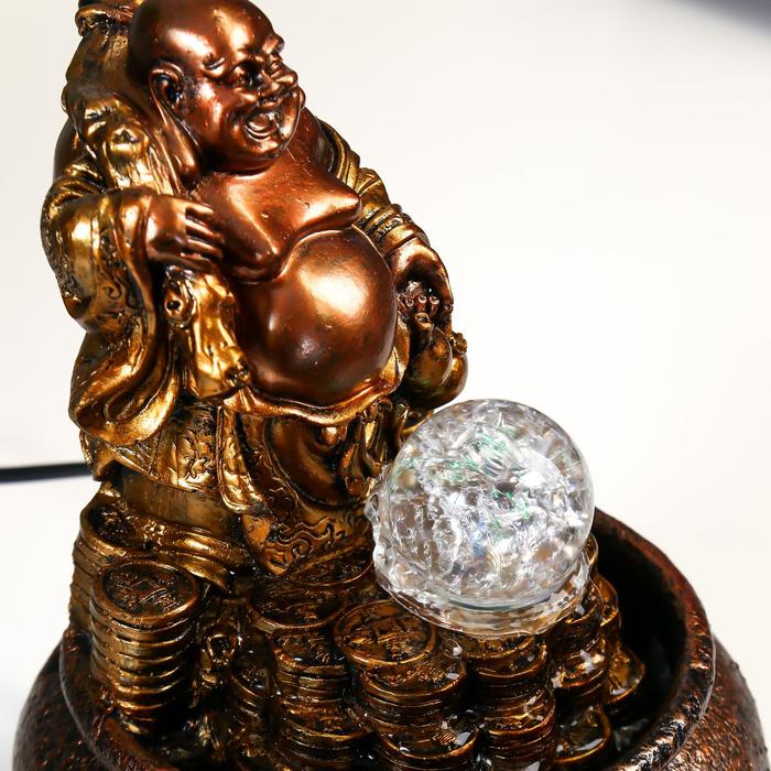 Фонтан настольный полистоун 220В "Хотей на горе из золотых монет" бронза 28х17х17 см