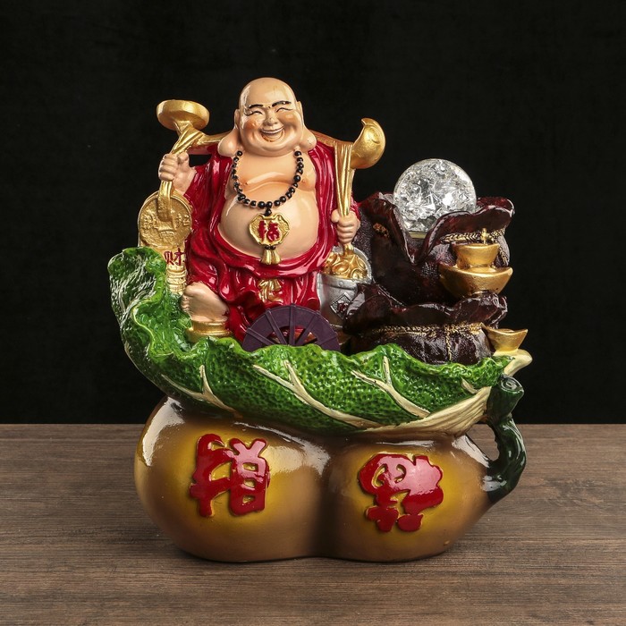 Фонтан настольный полистоун 220В "Хотей с жезлом Жуи у водяной мельницы" 29х25х16 см