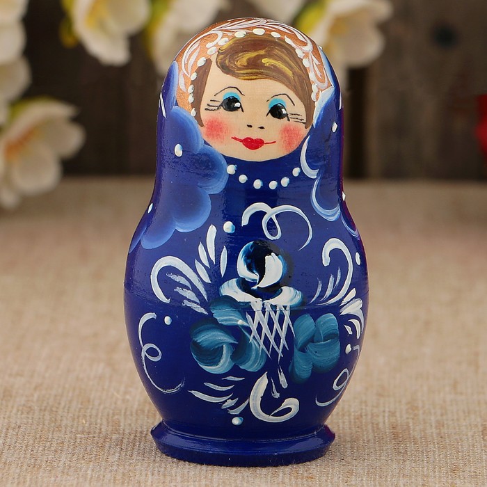 Матрёшка «Гжель», тёмно-синее платье, 3 кукольная, 9 см