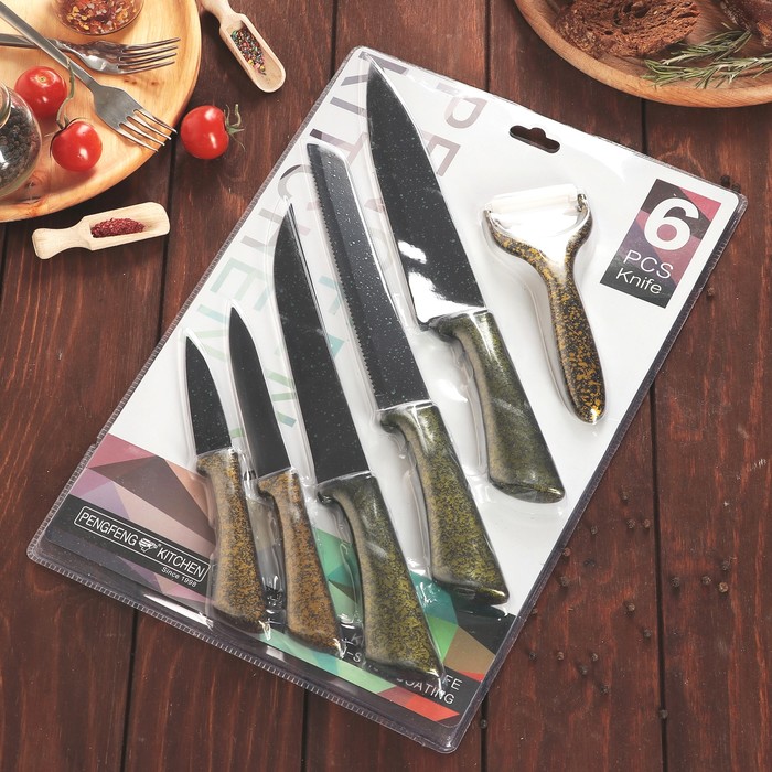 Набор кухонный "Глори", 6 предметов: 5 ножей лезвие 8/12,5/19,5/20/20 см, овощечистка, цвет зеленый