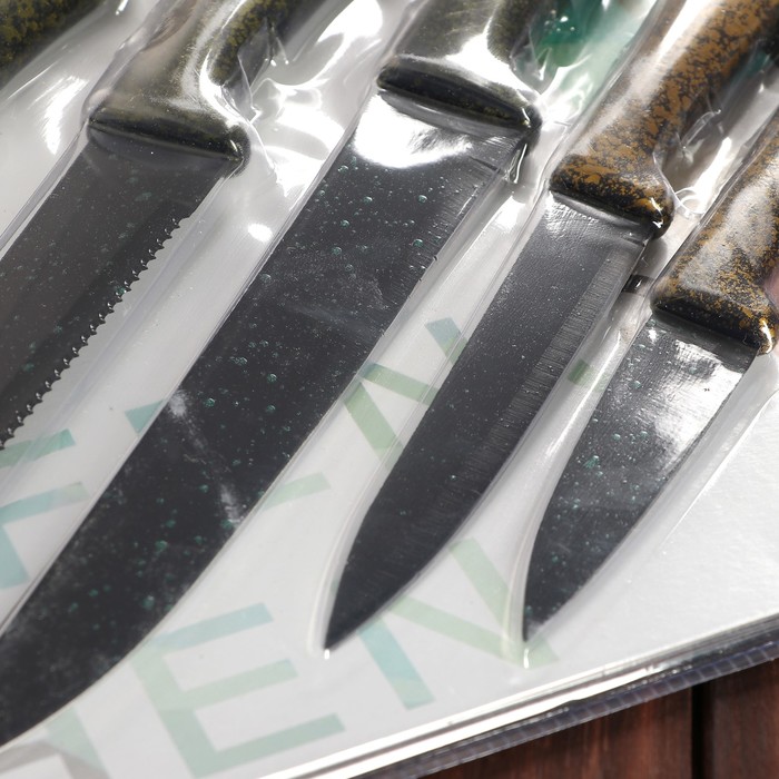 Набор кухонный "Глори", 6 предметов: 5 ножей лезвие 8/12,5/19,5/20/20 см, овощечистка, цвет зеленый