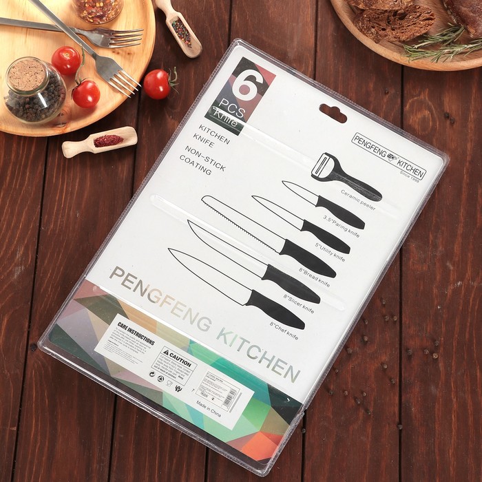 Набор кухонный "Глори", 6 предметов: 5 ножей лезвие 8/12,5/19,5/20/20 см, овощечистка, цвет зеленый