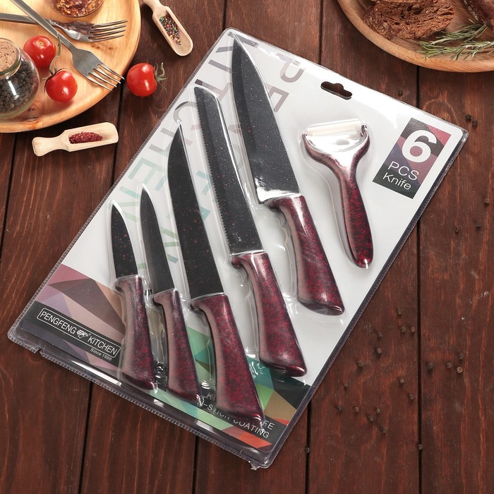 Набор кухонный "Глори", 6 предметов: 5 ножей лезвие 8/12,5/19,5/20/20 см, овощечистка, цвет красный