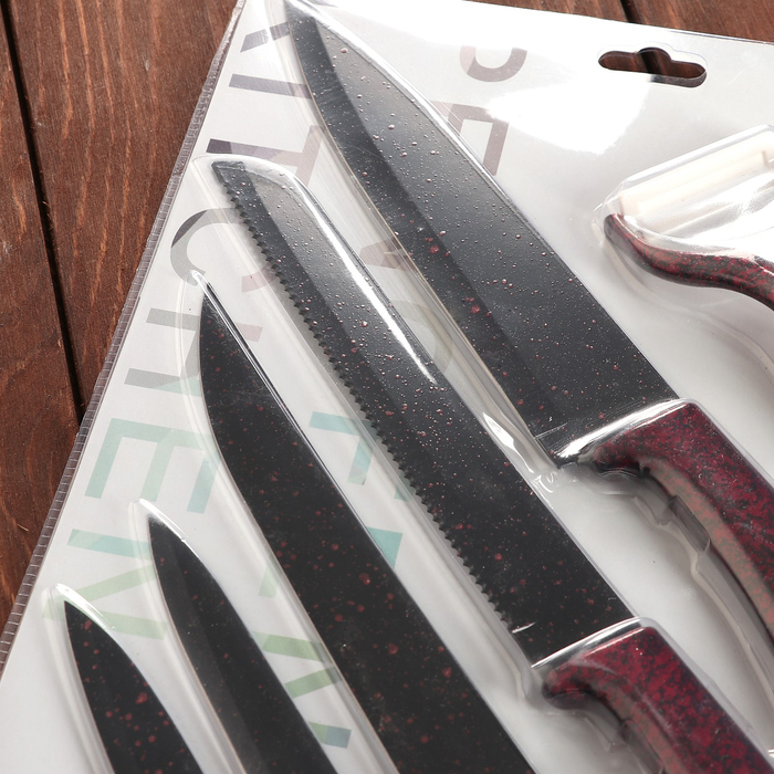 Набор кухонный "Глори", 6 предметов: 5 ножей лезвие 8/12,5/19,5/20/20 см, овощечистка, цвет красный