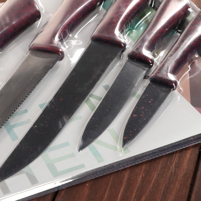 Набор кухонный "Глори", 6 предметов: 5 ножей лезвие 8/12,5/19,5/20/20 см, овощечистка, цвет красный