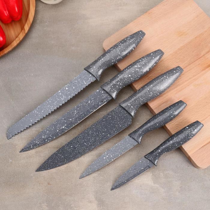 Набор кухонный "Космос", 5 ножей в подставке, лезвие 8/12,5/19,5/20/20 см, цвет черный