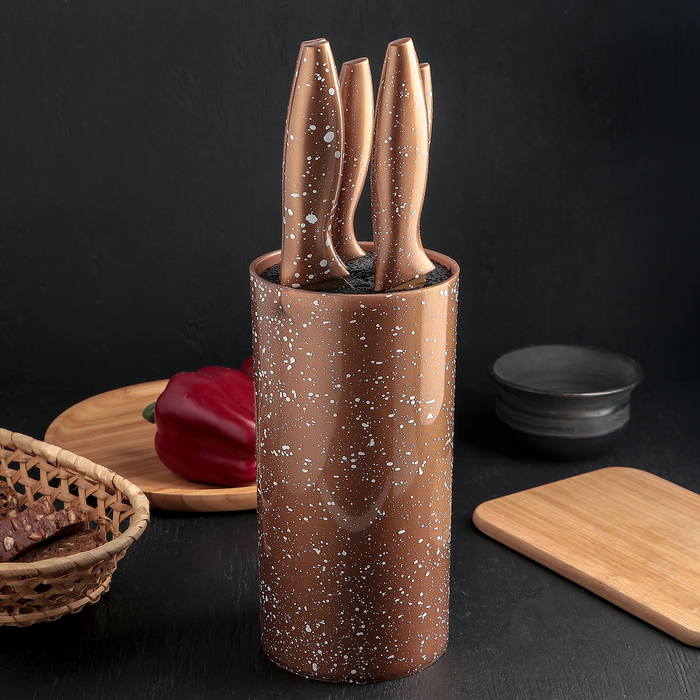 Набор кухонный "Космос", 5 ножей в подставке, лезвие 8/12,5/19,5/20/20 см, цвет коричневый