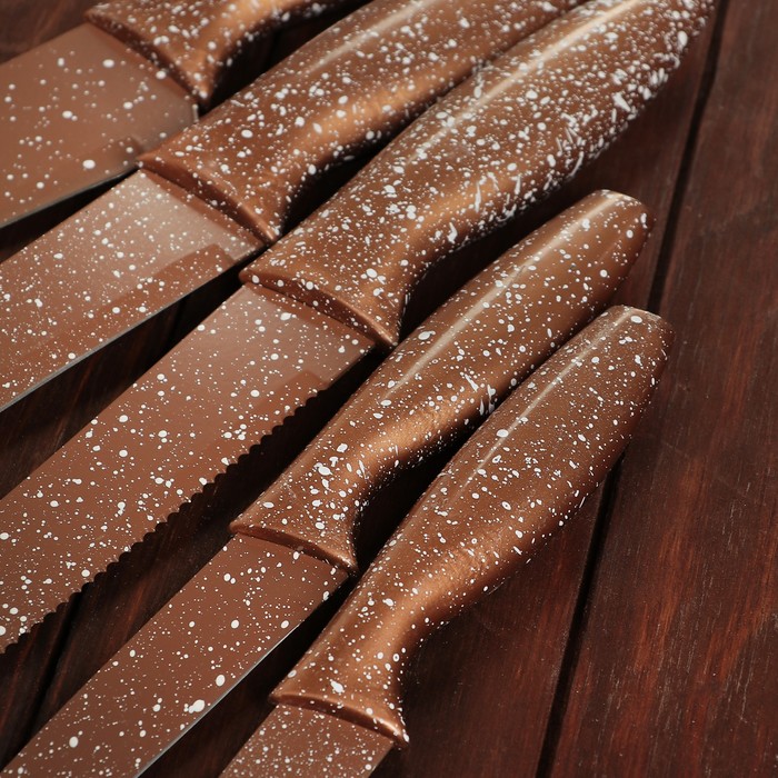 Набор кухонный "Космос", 5 ножей в подставке, лезвие 8/12,5/19,5/20/20 см, цвет коричневый