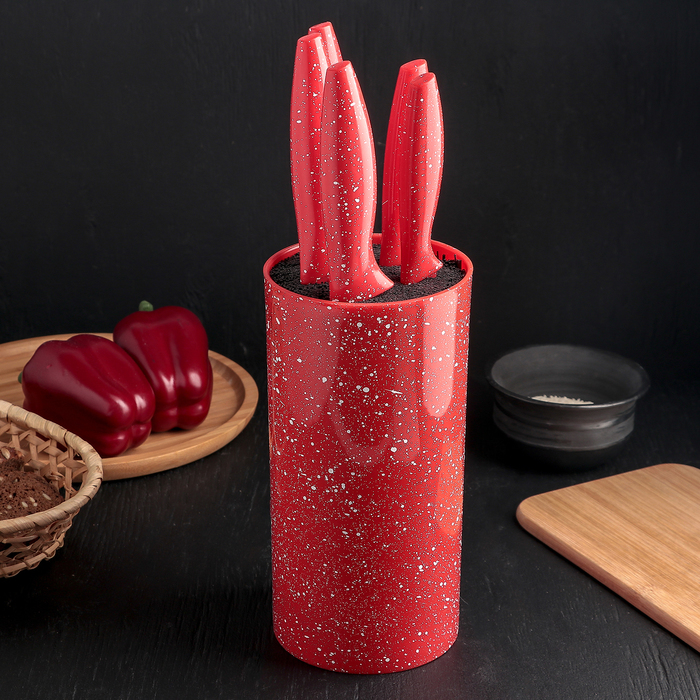 Набор кухонный "Космос", 5 ножей в подставке, лезвие 8/12,5/19,5/20/20, цвет красный