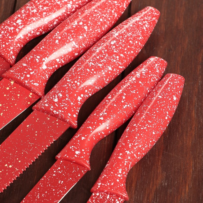 Набор кухонный "Космос", 5 ножей в подставке, лезвие 8/12,5/19,5/20/20, цвет красный