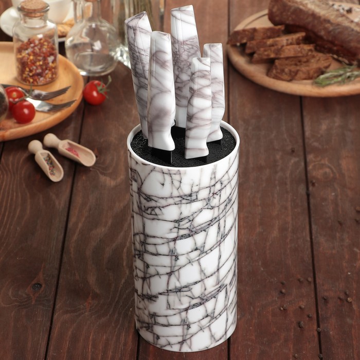 Набор кухонный "Марбл", 5 ножей в подставке, лезвие 8/12,5/19,5/20/20 см